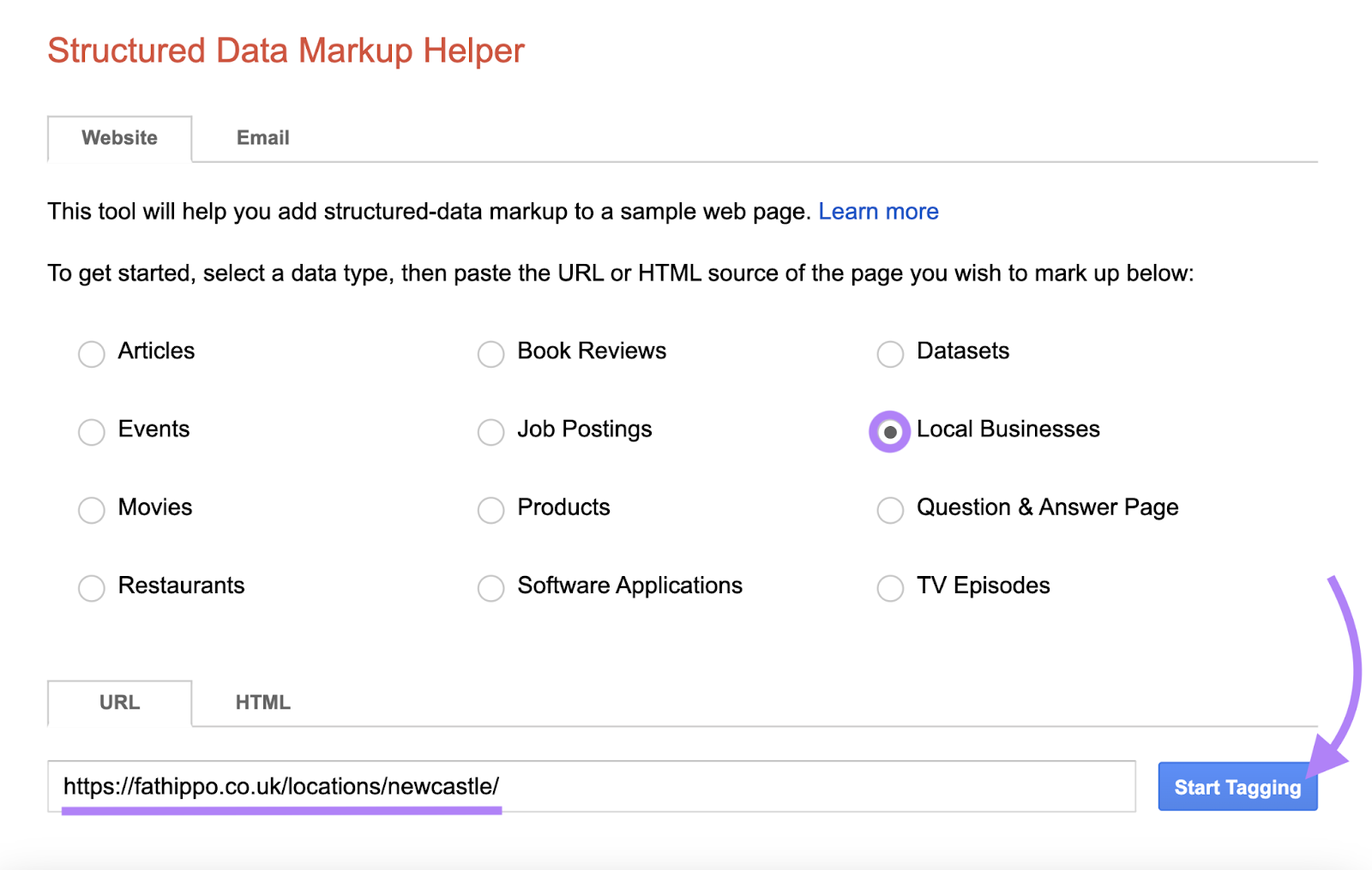 Location page's URL is entered with Local Businesses option checked.