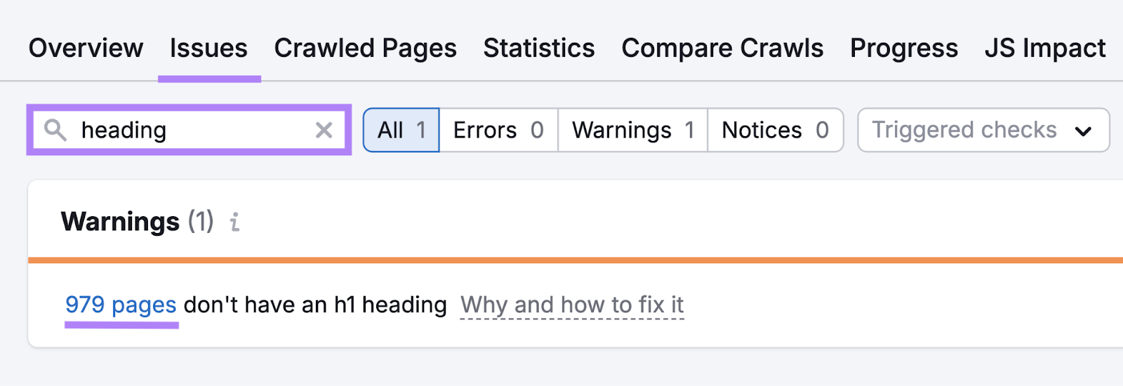 Site Audit shows this example domain has almost 1000 pages without an h1 heading.