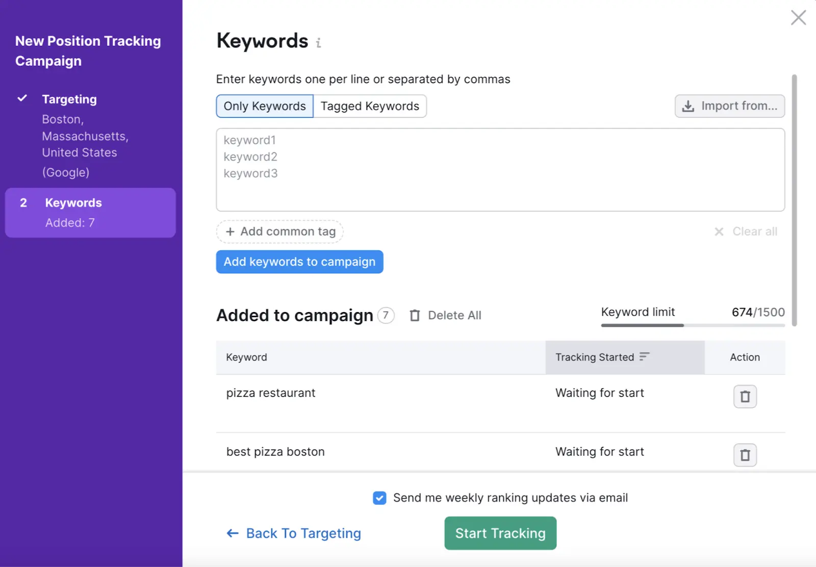 Semrush Position Tracking campaign setup showing pizza keywords added for local rank tracking