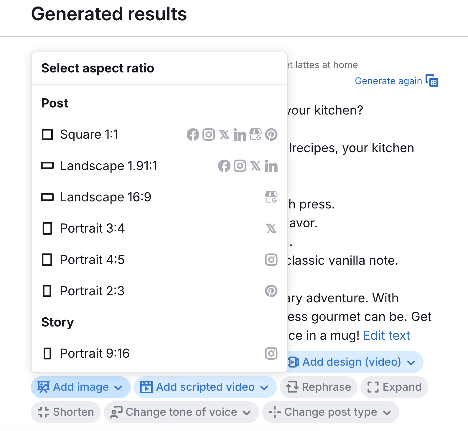 Generated results allow you to add an AI image, starting with the aspect ratio.