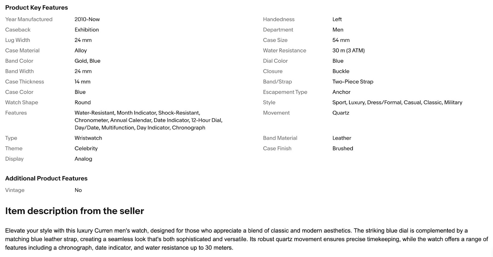 Product details listed along with a description on eBay.