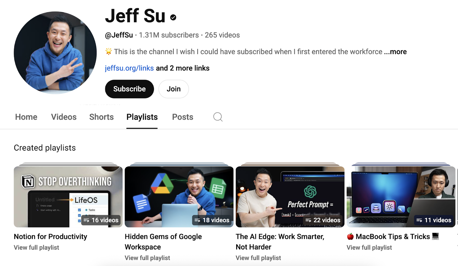 The playlists tab on a YouTube channel shows grouped videos by topic.