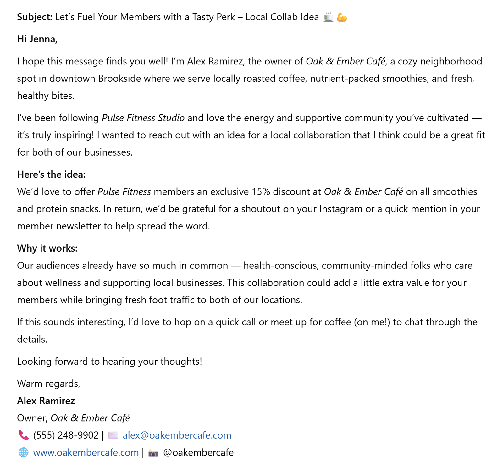 Sample email generated by ChatGPT pitching a local café and yoga studio collaboration idea
