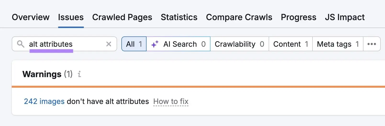 Semrush Site Audit showing a warning that 242 images don't have alt attributes