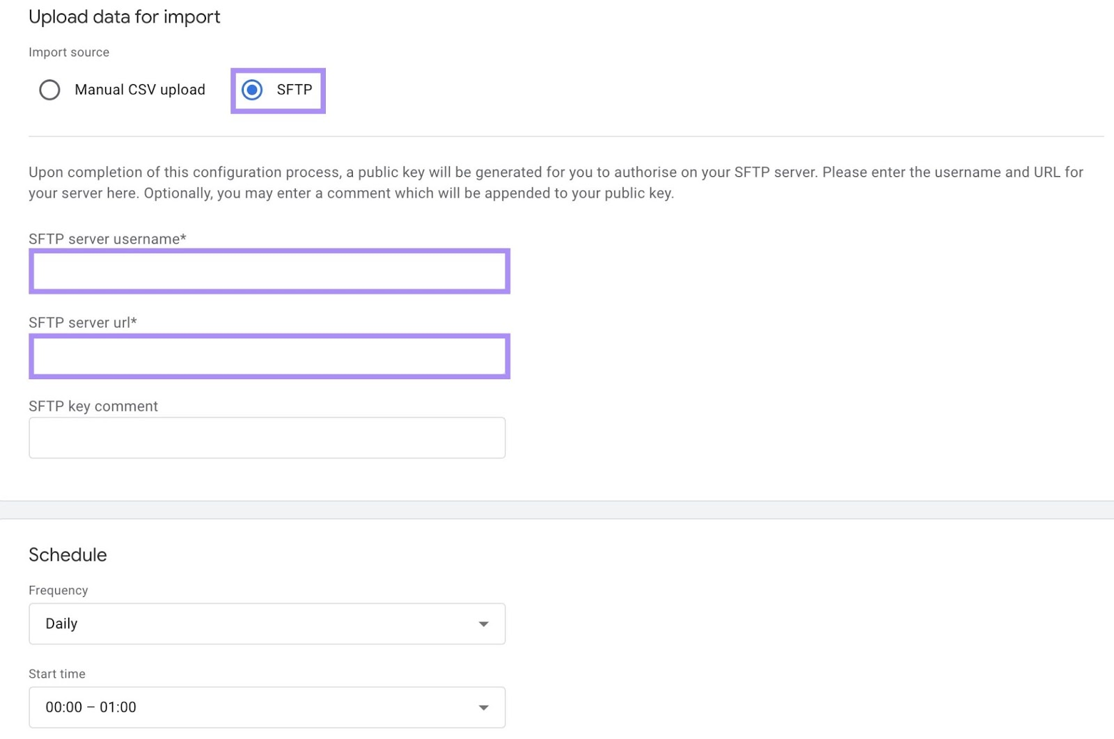 “SFTP" option selected under the "Import source" section