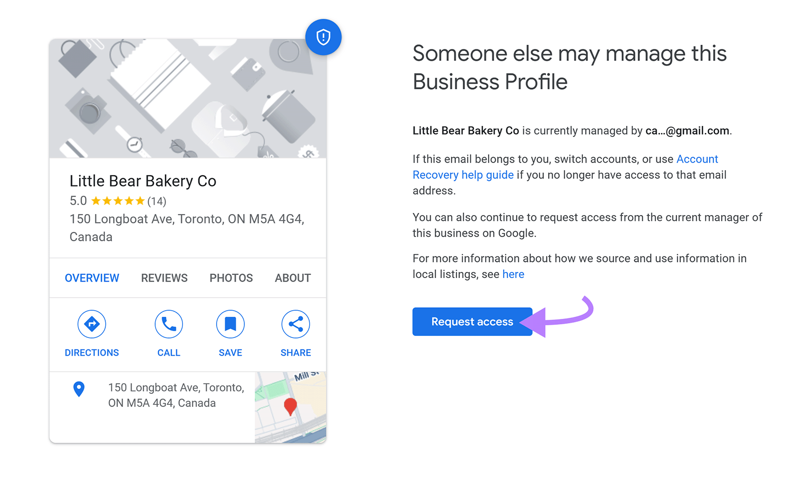 Google business profile with arrow pointing to “Request access” button.