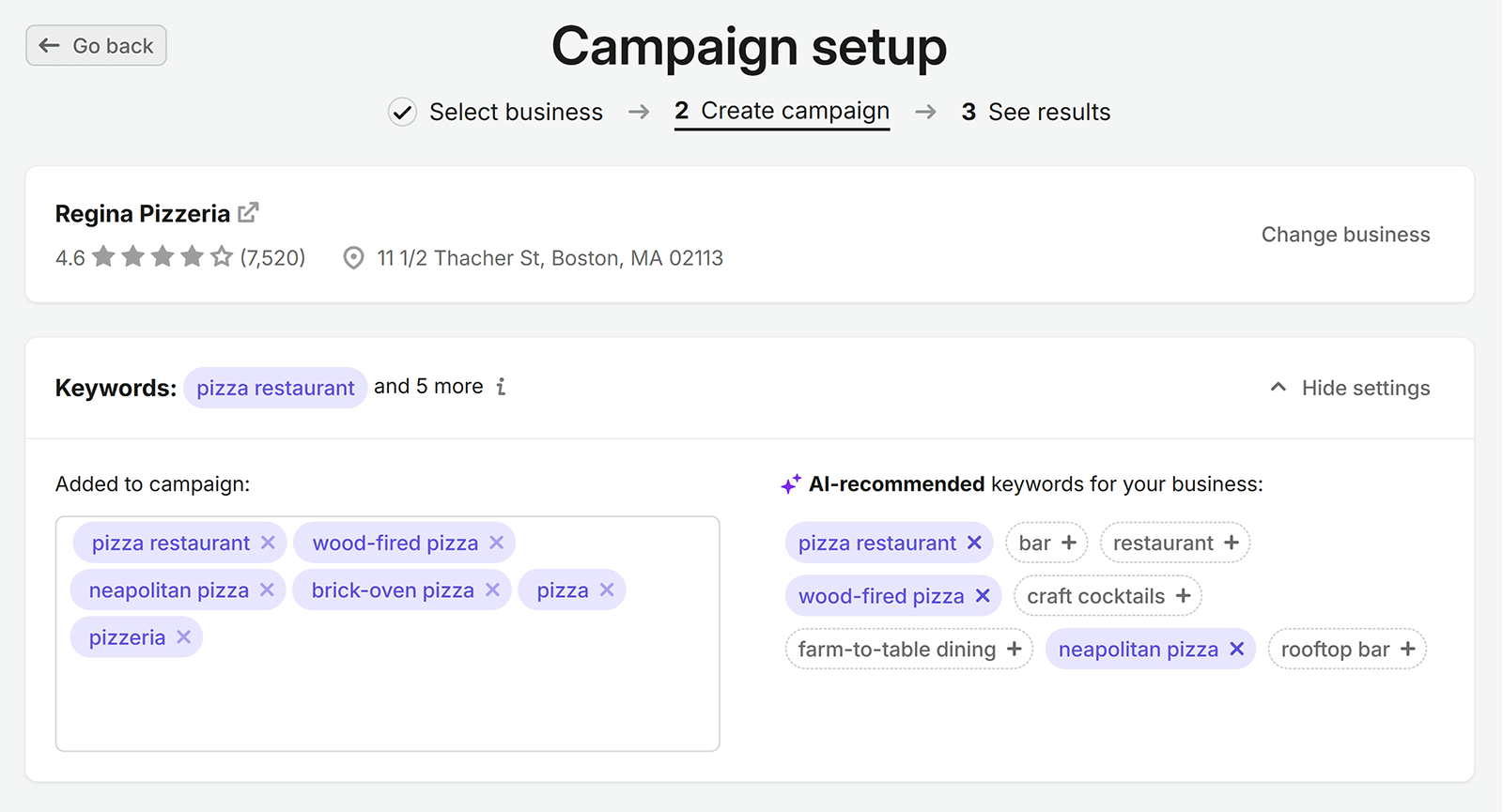 Semrush Map Rank Tracker campaign setup with pizza-related keywords and AI-recommended keyword suggestions