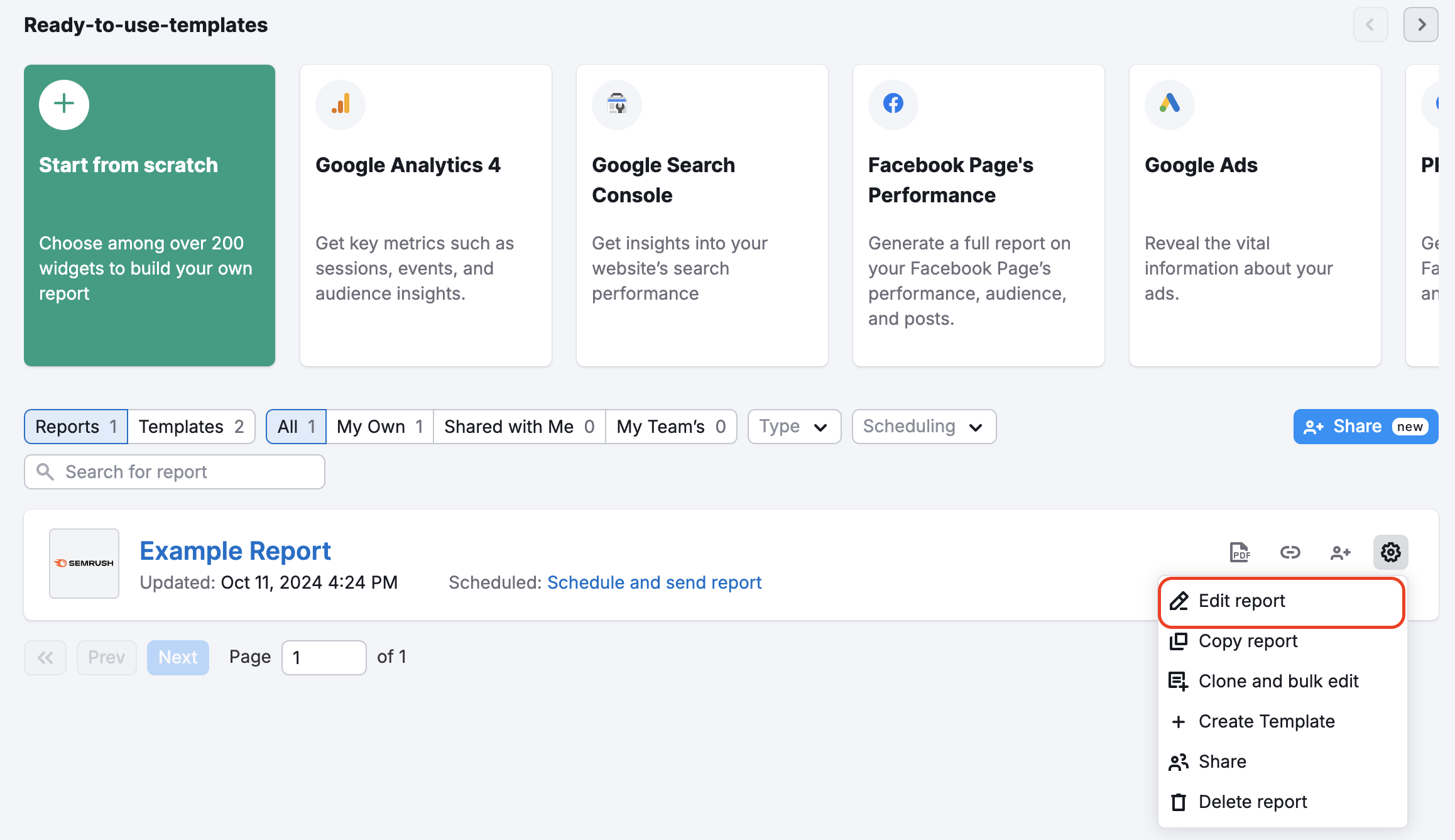My Reports – click the gear button next to a report to open a drop-down menu and click Edit report.
