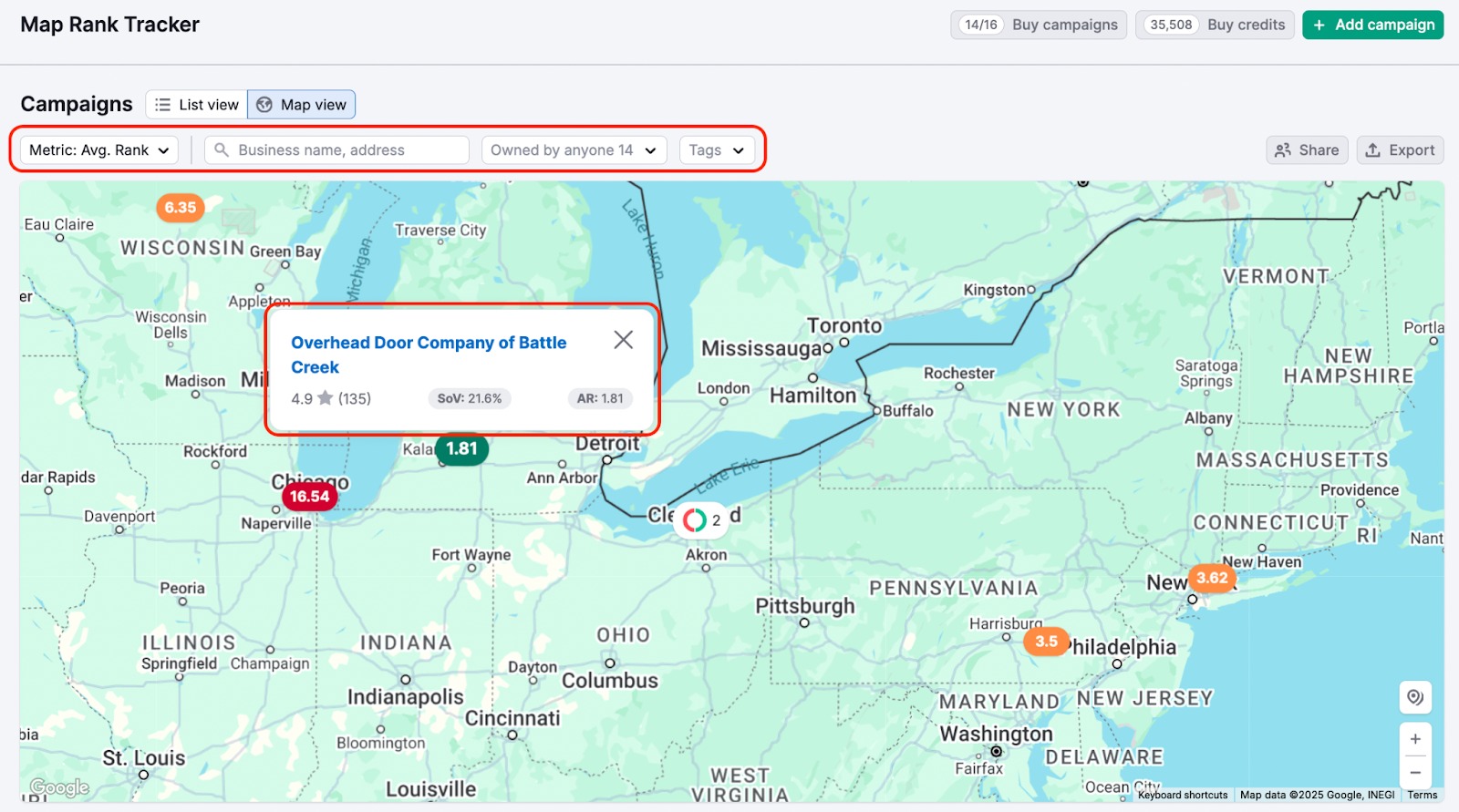 Campaigns map view in Map Rank Tracker.