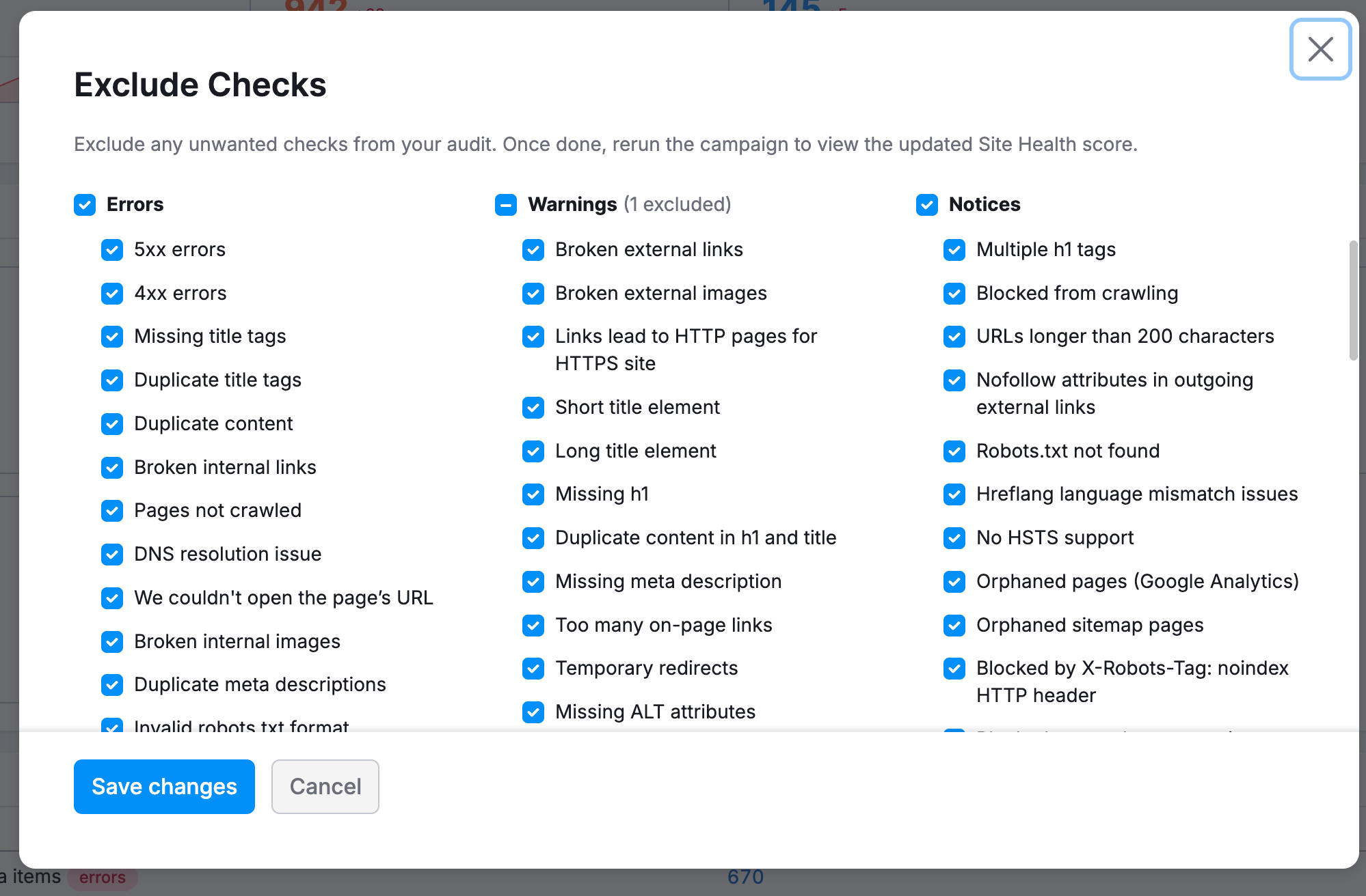 Exclude Checks wizard in Site Audit showing a list of checkboxes.