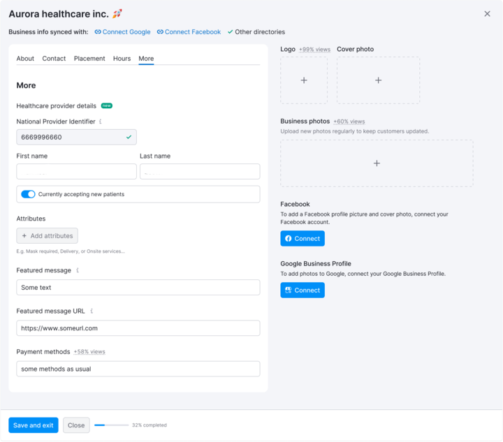 More tab in Semrush Listing Management showing healthcare provider details, National Provider Identifier (NPI) fields, attributes, featured message, and payment methods.