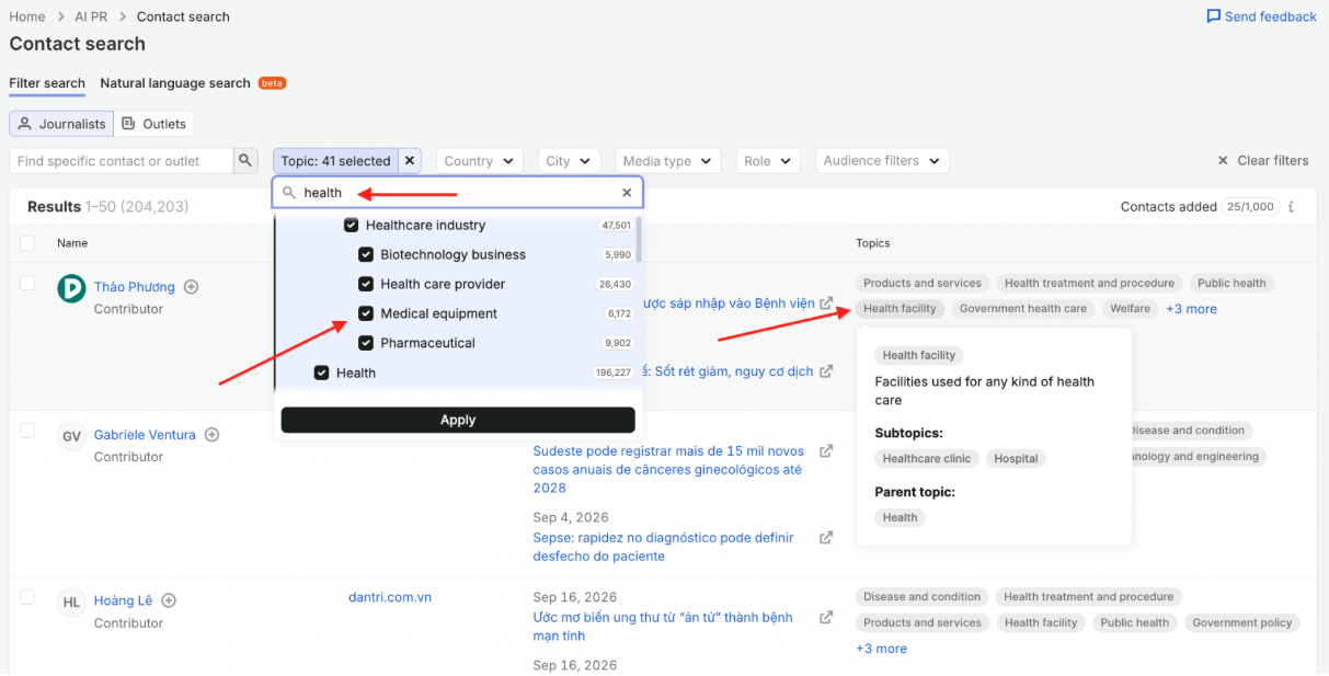 Finding contacts and outlets through filter and natural language search image 4